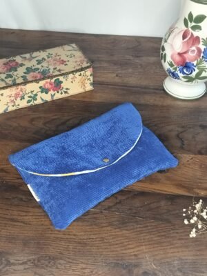 Pochette Velours côtelé bleu - Intérieur cœurs jaunes Grand format