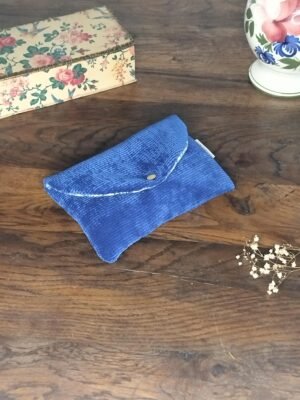 Pochette Velours côtelé bleu - Intérieur toile de Jouy  format S
