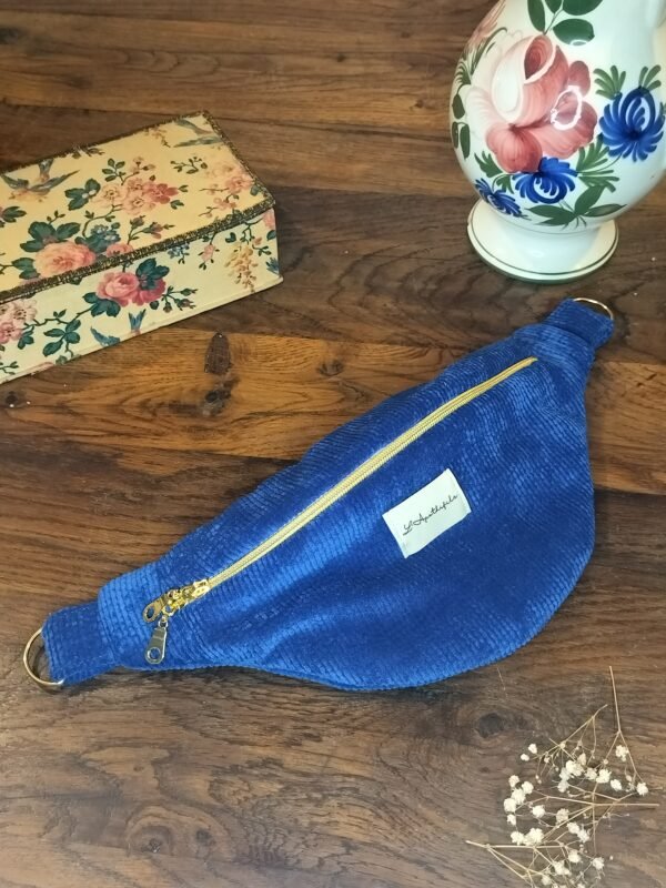 Sac banane velours côtelé bleu - Intérieur toile de Jouy - Version mini
