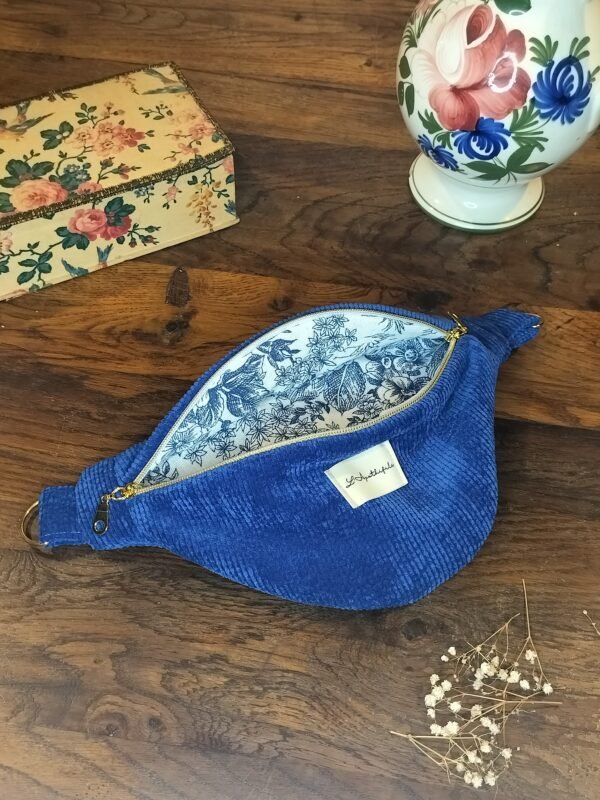 Sac banane velours côtelé bleu - Intérieur toile de Jouy - Version mini