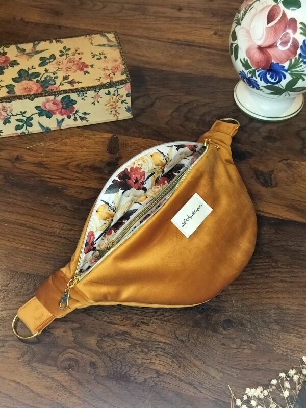oplus_32 Sac banane velours ocre - Intérieur floral avec poche